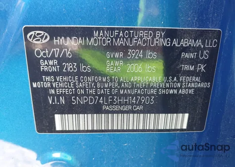 2017 Hyundai Elantra Se from USA, damaged, VIN 5NPD74LF3HH147903